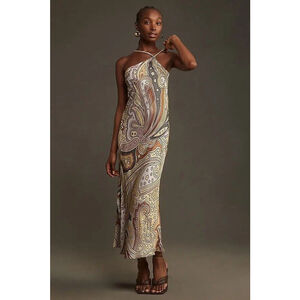 Anthropologie Bl-nk London One-Shoulder Slip Dress Paisley Small Brown Neutrals